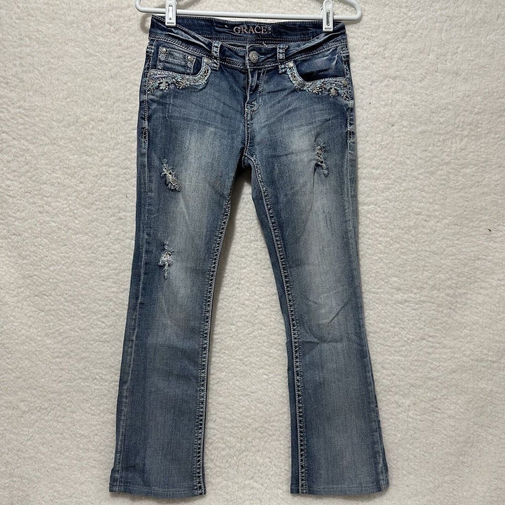 Grace In LA Boot Cut Embellished Embroidered Blue Light Wash‎ Faded Jeans Sz 28